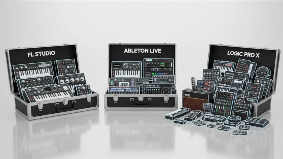 So sánh bộ công cụ (stock plugins) đi kèm của FL Studio, Ableton Live và Logic Pro X, làm nổi bật giá trị của Logic Pro.